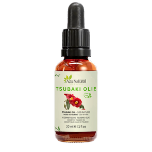 Fles tsubaki olie van Aza Natural, 30 ml, donker glas met pipet en een etiket met twee rode cameliabloemen
