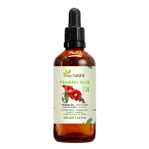 Tsubaki olie 100 ml van Aza Natural, fles van donker glas met pipet en een etiket met twee rode cameliabloemen