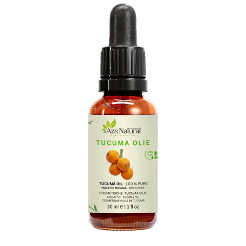 Fles tucuma olie van Aza Natural, 30 ml, donker glas met pipet en een etiket met drie oranje tucumãvruchten