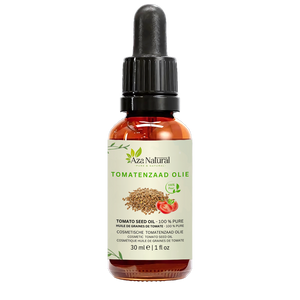 Fles tomatenzaad olie van Aza Natural, 30 ml, donker glas met pipet en een etiket met tomatenzaadjes en een tomaat