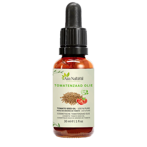 Fles tomatenzaad olie van Aza Natural, 30 ml, donker glas met pipet en een etiket met tomatenzaadjes en een tomaat