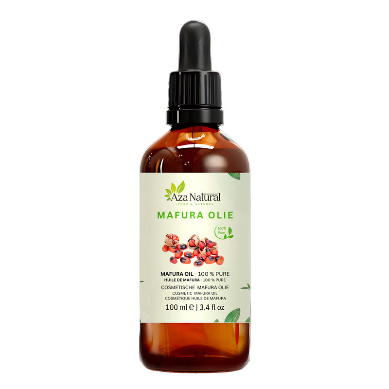 Mafuraöl 100 ml von Aza Natural, dunkles Glas mit Pipette und ein Etikett mit offenen Samenhülsen und roten Samen