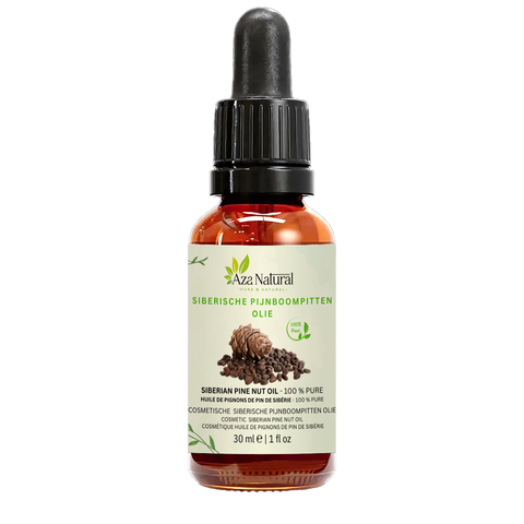Fles Siberische pijnboompitten olie van Aza Natural, 30 ml, donker glas met pipet, etiket met dennenappel en pijnboompitten