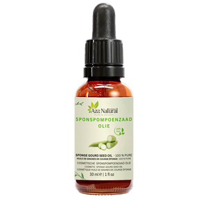 Fles sponspompoenzaad olie van Aza Natural, 30 ml, bruin glas met pipet en een etiket met groene luffavruchten in plakken