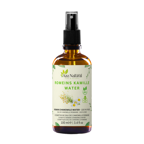 Flesje roomse kamille water van Aza Natural, 100 ml, bruin glas met sprayknop en een etiket met kamillebloemen