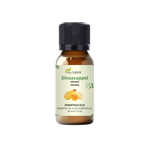 Fles sinaasappel olie van Aza Natural, 30 ml, bruin glas met zwarte dop en een etiket met schijfjes sinaasappel