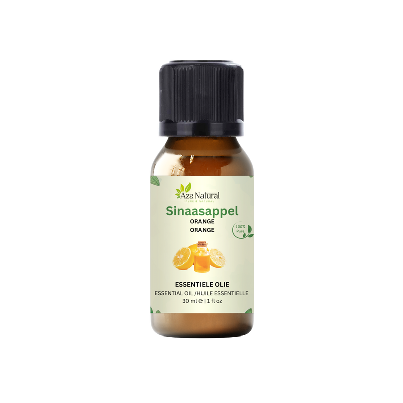 Flasche Orangenöl von Aza Natural, 30 ml, Braunglas mit schwarzem Deckel und ein Etikett mit Orangenscheiben