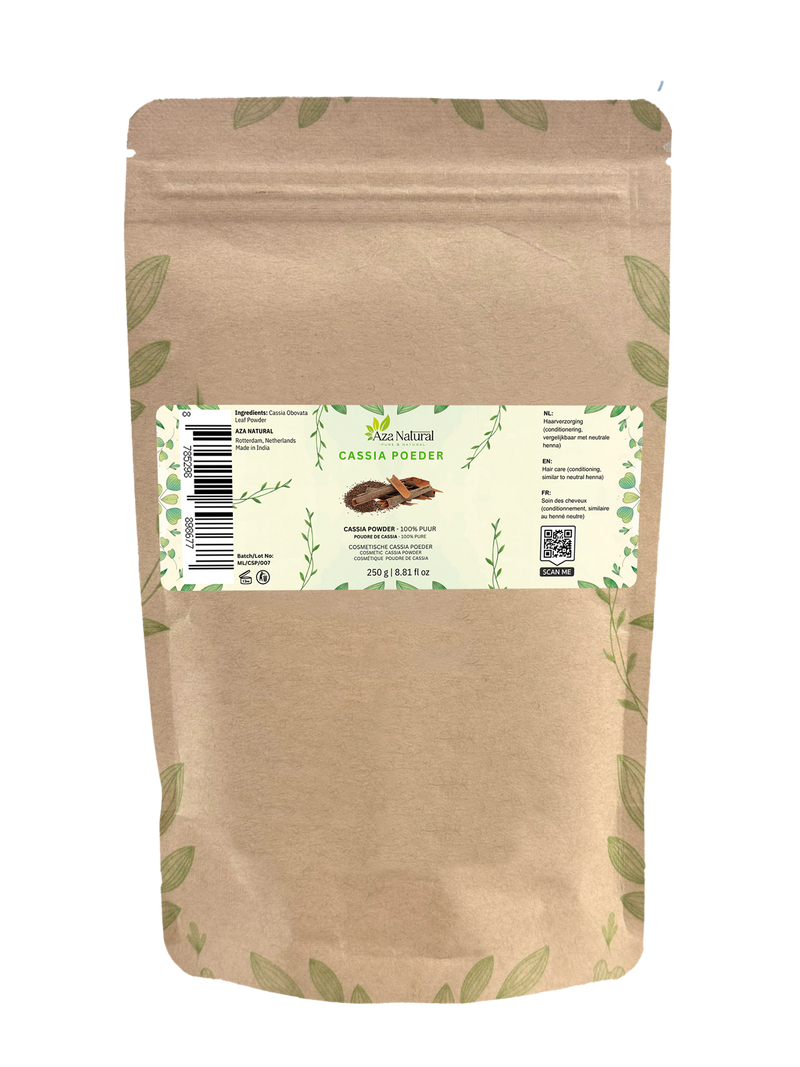 Beutel Cassia-Pulver von Aza Natural, 250 g, Kraftpapier mit Reißverschluss, Etikett mit der Aufschrift neutrales Henna
