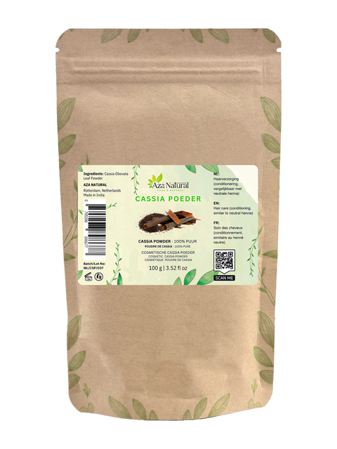 Beutel Cassia-Pulver von Aza Natural, 100 g, Kraftpapier mit Reißverschluss, Etikett mit der Aufschrift neutrales Henna