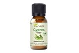 Zypressenöl 30 ml von Aza Natural, Fläschchen aus braunem Glas mit schwarzem Deckel, hellgrünes Etikett mit Zypressenzweigen