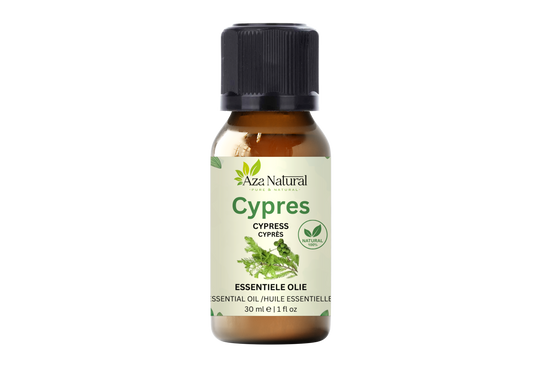 Cypres olie 30 ml van Aza Natural, flesje van bruin glas met zwarte dop en een lichtgroen etiket met cipressentwijgen