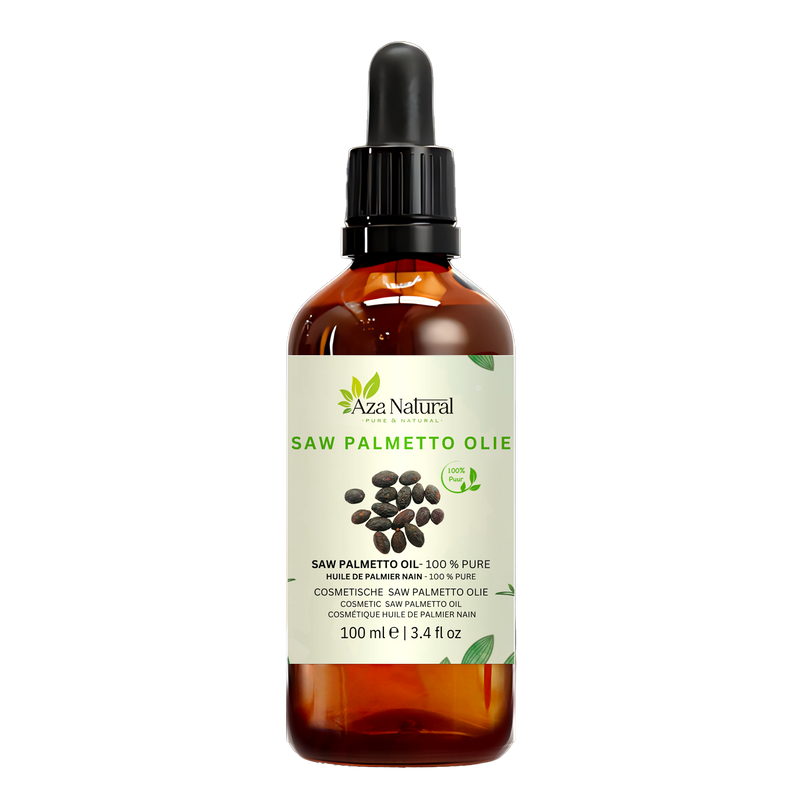 Sägepalmenöl 100 ml von Aza Natural, dunkles Glas mit Pipette und ein Etikett mit dunklen Beeren der Sägepalme