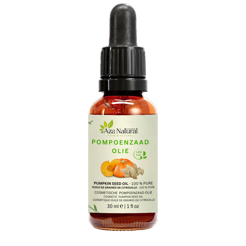 Fles pompoenzaad olie van Aza Natural, 30 ml, bruin glas met pipet en een etiket met een pompoen en pompoenpitten