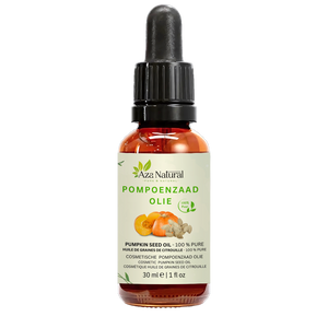Fles pompoenzaad olie van Aza Natural, 30 ml, bruin glas met pipet en een etiket met een pompoen en pompoenpitten