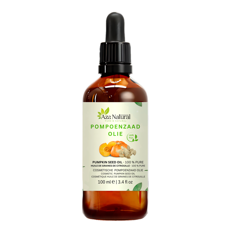 Kürbiskernöl 100 ml von Aza Natural, Flasche aus braunem Glas mit Pipette und ein Etikett mit einem Kürbis und Kürbiskernen