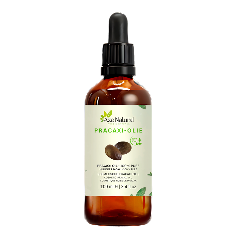 Pracaxi olie 100 ml van Aza Natural, donker glas met pipet en een etiket met twee bruine pracaxizaden