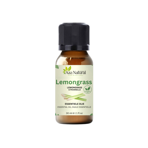 Lemongrass olie 30 ml van Aza Natural, flesje van bruin glas met zwarte dop en een lichtgroen etiket met citroengras