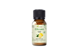 Flesje citroen olie van Aza Natural, 10 ml, bruin glas met zwarte dop en een etiket met twee citroenen