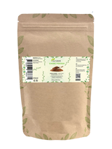 Sachet de poudre de chébé Aza Natural, 250 grammes, papier kraft avec zip et une étiquette avec un bol de poudre brune