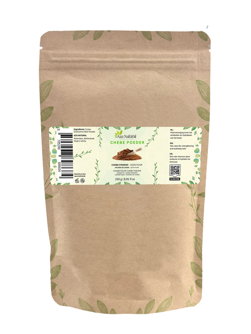 Beutel Chebe-Pulver von Aza Natural, 250 g, Kraftpapier mit Reißverschluss und ein Etikett mit einer Schale braunem Pulver