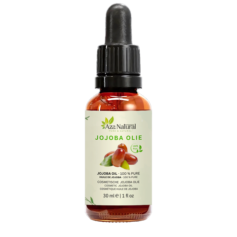 Fles jojoba olie van Aza Natural, 30 ml, donker glas met pipet en een etiket met roodbruine vruchten en een blad