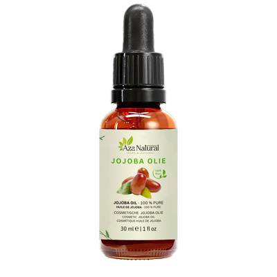 Fles jojoba olie van Aza Natural, 30 ml, donker glas met pipet en een etiket met roodbruine vruchten en een blad