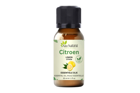Citroen olie 30 ml van Aza Natural, flesje van bruin glas met zwarte dop en een etiket met twee citroenen