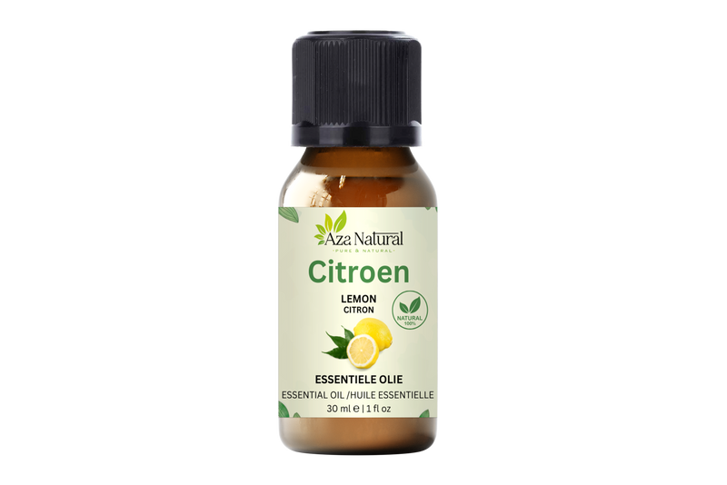 Zitronenöl 30 ml von Aza Natural, Fläschchen aus Braunglas mit schwarzem Deckel und ein Etikett mit zwei Zitronen
