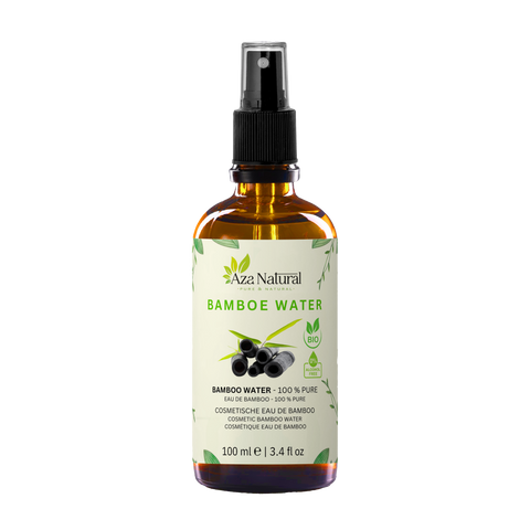 Flesje bamboo water van Aza Natural, 100 ml, bruin glas met sprayknop en een etiket met getekende bamboestukjes