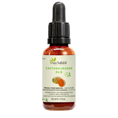 Flacon d’huile de figue de barbarie Aza Natural, 30 ml, verre foncé avec pipette, étiquette avec cactus et une figue orange