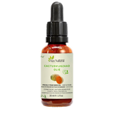 Fles cactusvijgolie van Aza Natural, 30 ml, donker glas met pipet en een etiket met een cactusblad en een oranje cactusvijg