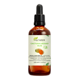 Cactusvijgolie 100 ml van Aza Natural, fles van donker glas met pipet en een etiket met een cactusblad en een cactusvijg