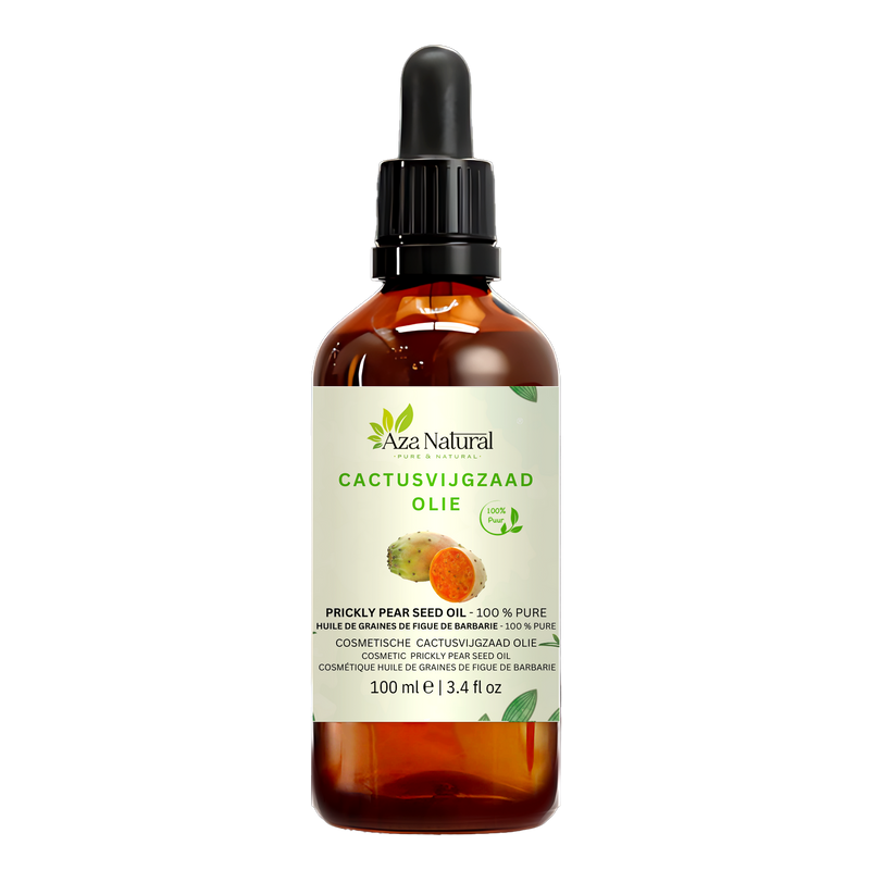 Kaktusfeigenöl 100 ml von Aza Natural, Flasche aus dunklem Glas mit Pipette, Etikett mit Kaktusblatt und Kaktusfeige