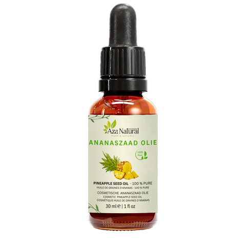 Flacon d’huile d’ananas Aza Natural, 30 ml, verre foncé avec pipette, étiquette avec un ananas et deux tranches d’ananas