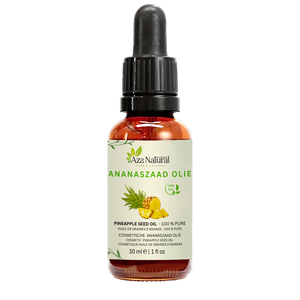 Fles ananaszaad olie van Aza Natural, 30 ml, donker glas met pipet en een etiket met een ananas en twee ananasschijven