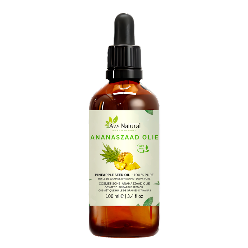 Ananaskernöl 100 ml von Aza Natural, Flasche aus dunklem Glas mit Pipette, Etikett mit einer Ananas und zwei Ananasscheiben