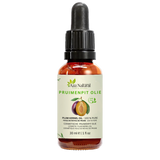 Fles pruimenpitolie van Aza Natural, 30 ml, donker glas met pipet en een etiket met een hele en een halve pruim