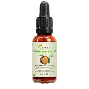 Fles pruimenpitolie van Aza Natural, 30 ml, donker glas met pipet en een etiket met een hele en een halve pruim