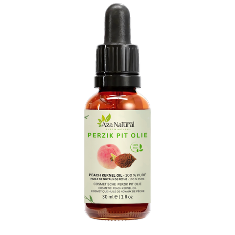 Flacon d’huile de noyau de pêche Aza Natural, 30 ml, verre foncé avec pipette, étiquette avec une pêche et un noyau de pêche
