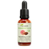 Fles perzikpitolie van Aza Natural, 30 ml, donker glas met pipet en een etiket met een perzik en een perzikpit