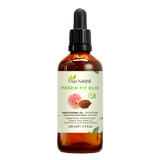 Perzikpitolie 100 ml van Aza Natural, fles van donker glas met pipet en een etiket met een perzik en een perzikpit