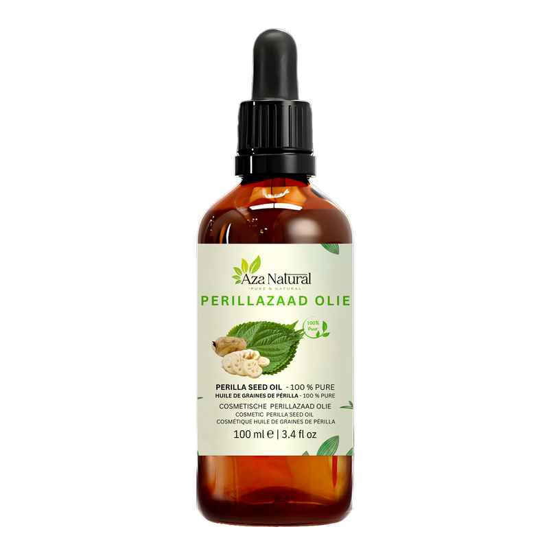 Perillasamenöl 100 ml von Aza Natural, Flasche aus dunklem Glas mit Pipette und Etikett mit Perillablättern