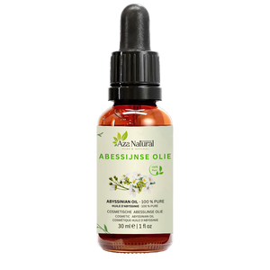 Fles abessijnse olie van Aza Natural, 30 ml, donker glas met pipet en een etiket met kleine witte crambebloemen