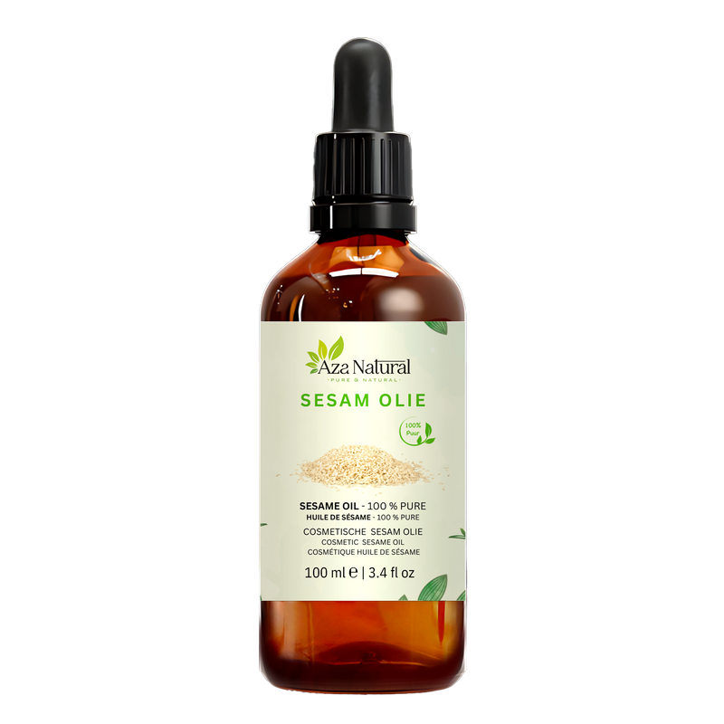 Sesamöl 100 ml von Aza Natural, Flasche aus dunklem Glas mit Pipette und ein Etikett mit Sesamsamen und einem grünen Blatt