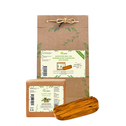 Aleppo Zeep 200gr - 20% Laurierolie voor Huid en Haar met Zeephouder van Olijfhout Grip
