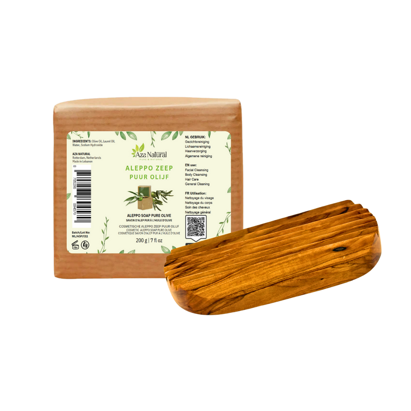Aleppo Zeep 200gr - 20% Laurierolie voor Huid en Haar met Zeephouder van Olijfhout Grip - afbeelding 2 van 2