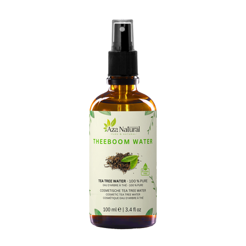 Fläschchen Teebaumwasser von Aza Natural, 100 ml, braunes Glas mit Sprühkopf und ein Etikett mit gezeichneten Blättern