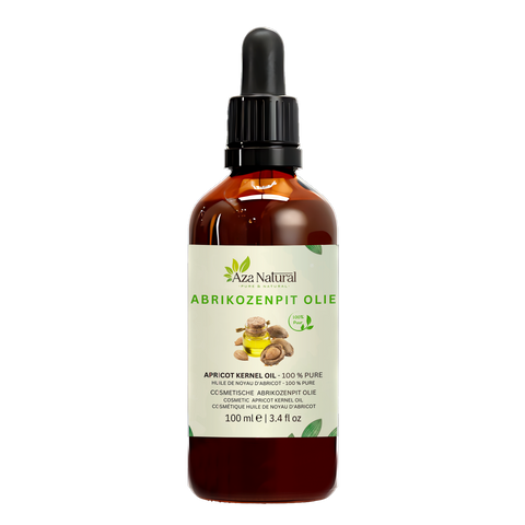 Huile de noyau d’abricot 100 ml Aza Natural, flacon en verre foncé avec pipette et une étiquette avec des noyaux d’abricot