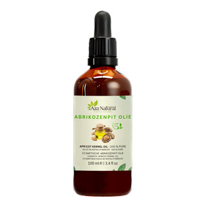 Abrikozenpitolie 100 ml van Aza Natural, fles van donker glas met pipet en een etiket met abrikozenpitten