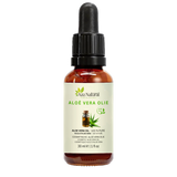 Fles aloë vera olie van Aza Natural, 30 ml, donker glas met pipet en een etiket met een kruikje olie en een aloëplant
